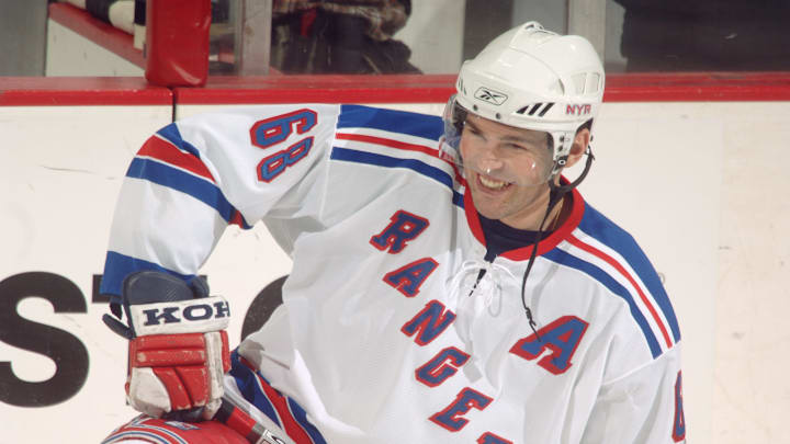 WASHINGTON – DECEMBER 3: Jaromir Jagr #68 of the New York Rangers smiles against the Washington Capitals at MCI Center in Washington D.C. on December 3, 2005. The Capitals won 5-1. (Photo by Mitchell Layton/Getty Images)