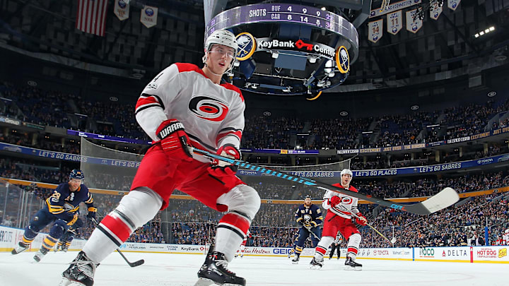 BUFFALO, NY – NOVEMBER 18: Haydn Fleury #4 of the Carolina Hurricanes skates against the Buffalo Sabres during an NHL game on November 18, 2017 at KeyBank Center in Buffalo, New York. (Photo by Bill Wippert/NHLI via Getty Images)