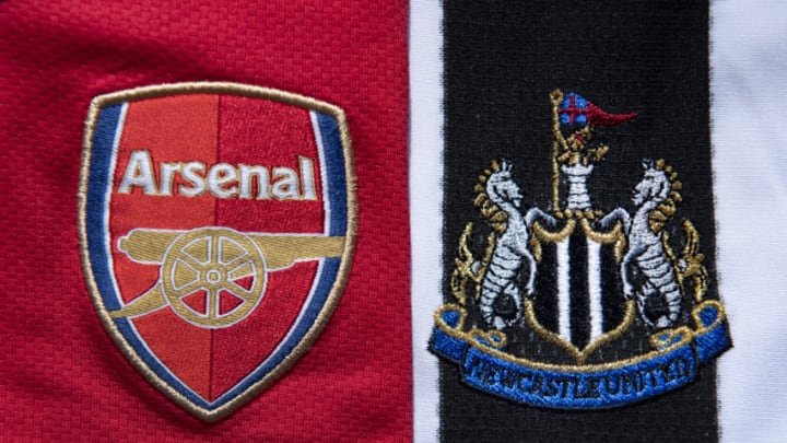 MANCHESTER, ENGLAND - APRIL 24: The Arsenal and Newcastle United club crests on home shirts on April 24, 2020 in Manchester, England (Photo by Visionhaus)