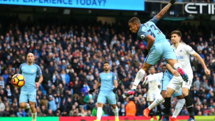 MANCHESTER, ENGLAND – FEBRUARY 05: Gabriel Jesus of Manchester City has his header saved in the build up to scoring his sides second goal during the Premier League match between Manchester City and Swansea City at Etihad Stadium on February 5, 2017 in Manchester, England. (Photo by Alex Livesey/Getty Images)