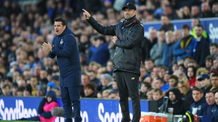 LIVERPOOL, ENGLAND - MARCH 03: Jurgen Klopp, Manager of Liverpool and Marco Silva, Manager of Everton give instructionsuring the Premier League match between Everton FC and Liverpool FC at Goodison Park on March 03, 2019 in Liverpool, United Kingdom. (Photo by Shaun Botterill/Getty Images)