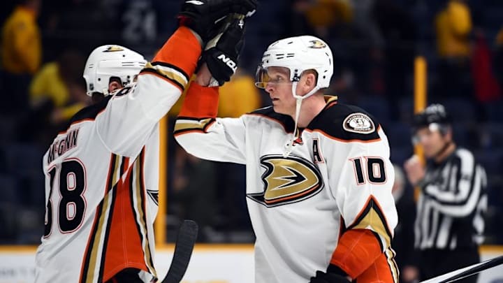 Apr 21, 2016; Nashville, TN, USA; Anaheim Ducks right winger Corey Perry (10) celebrates with Anaheim Ducks left winger Jamie McGinn (88) after a win in game four of the first round of the 2016 Stanley Cup Playoffs against the Nashville Predators at Bridgestone Arena. Mandatory Credit: Christopher Hanewinckel-USA TODAY Sports