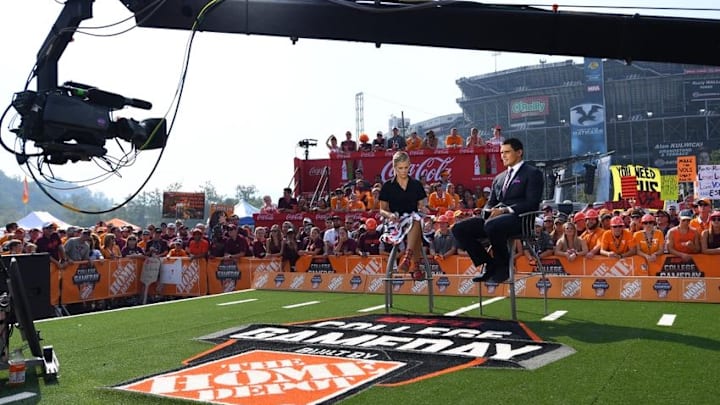 Sep 10, 2016; Bristol, TN, USA; College Gameday hosts Samantha Ponder and David Pollack prior to the Battle at Bristol football game between the Virginia Tech Holies and Tennessee Volunteers at Bristol Motor Speedway. Mandatory Credit: Christopher Hanewinckel-USA TODAY Sports