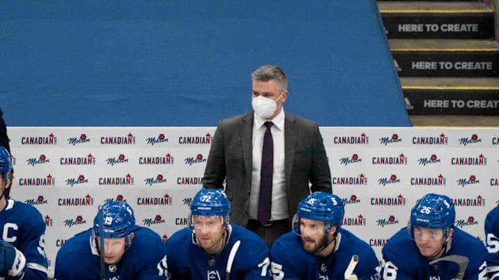 Feb 13, 2021; Toronto, Ontario, CAN; Toronto Maple Leafs head coach Sheldon Keefe looks on during the third period against the Montreal Canadiens at Scotiabank Arena. Mandatory Credit: Nick Turchiaro-USA TODAY Sports