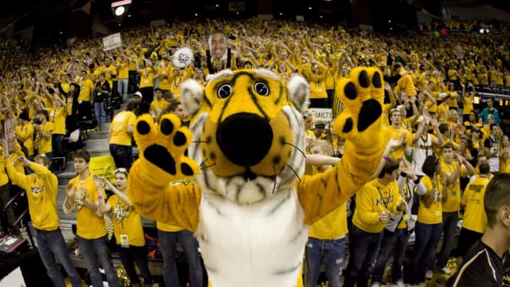 COLUMBIA, MO - FEBRUARY 04: Truman the Tiger pumps up the crowd before a game between the Missouri Tigers and the Kansas Jayhawks the first half at Mizzou Arena on February 4, 2012 in Columbia, Missouri. (Photo by Ed Zurga/Getty Images)