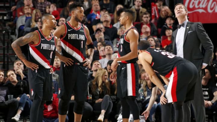 Portland Trail Blazers Damian Lillard CJ McCollum Evan Turner Seth Curry Terry Stotts (Photo by Cameron Browne/NBAE via Getty Images)