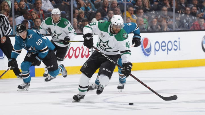 SAN JOSE, CA – APRIL 03: Gemel Smith #46 of the Dallas Stars skates with the puck against the San Jose Sharks at SAP Center on April 3, 2018 in San Jose, California. (Photo by Rocky W. Widner/NHL/Getty Images) *** Local Caption *** Gemel Smith