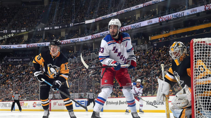 PITTSBURGH, PA – APRIL 06: Mika Zibanejad #93 of the New York Rangers skates against the Pittsburgh Penguins at PPG Paints Arena on April 6, 2019 in Pittsburgh, Pennsylvania. (Photo by Joe Sargent/NHLI via Getty Images)
