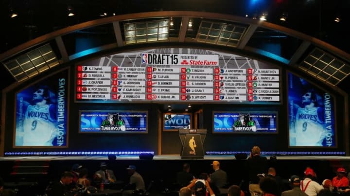 NEW YORK, NY - JUNE 25: A displays the first 30 picks at the end of the First Round of the 2015 NBA Draft at the Barclays Center on June 25, 2015 in the Brooklyn borough of New York City. NOTE TO USER: User expressly acknowledges and agrees that, by downloading and or using this photograph, User is consenting to the terms and conditions of the Getty Images License Agreement. (Photo by Elsa/Getty Images)