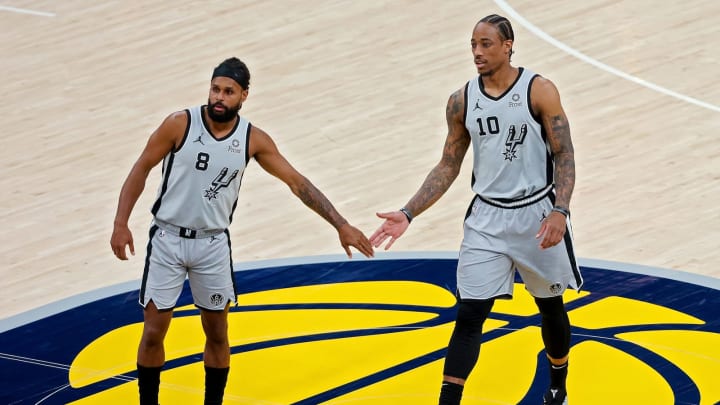 INDIANAPOLIS, INDIANA – APRIL 19: Patty Mills #8 and DeMar DeRozan #10 of the San Antonio Spurs. (Photo by Dylan Buell/Getty Images)