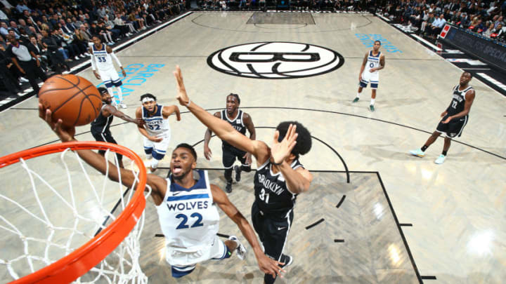 BROOKLYN, NY - OCTOBER 23: Andrew Wiggins #22 of the Minnesota Timberwolves drives to the basket against the Brooklyn Nets on October 23, 2019 at Barclays Center in Brooklyn, New York. NOTE TO USER: User expressly acknowledges and agrees that, by downloading and or using this Photograph, user is consenting to the terms and conditions of the Getty Images License Agreement. Mandatory Copyright Notice: Copyright 2019 NBAE (Photo by Nathaniel S. Butler/NBAE via Getty Images)