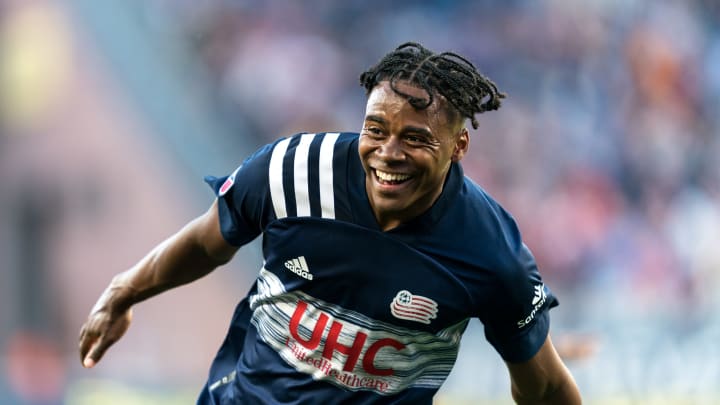 FOXBOROUGH, MA – JUNE 23: DeJuan Jones #24 of the New England Revolution celebrates his goal during a game between New York Red Bulls and New England Revolution at Gillette Stadium on June 23, 2021, in Foxborough, Massachusetts. (Photo by Andrew Katsampes/ISI Photos/Getty Images)