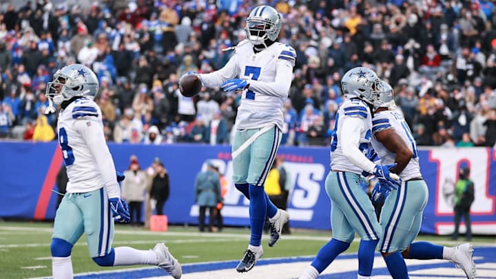 EAST RUTHERFORD, NEW JERSEY – DECEMBER 19: Trevon Diggs #7 of the Dallas Cowboys reacts after intercepting a pass in the endzone that was intended for Kenny Golladay #19 of the New York Giants during the fourth quarter at MetLife Stadium on December 19, 2021 in East Rutherford, New Jersey. (Photo by Rey Del Rio/Getty Images)