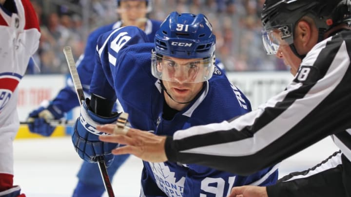 TORONTO, ON - OCTOBER 3: John Tavares #91 of the Toronto Maple Leafs gets set for a faceoff against the Montreal Canadiens during an NHL game at Scotiabank Arena on October 3, 2018 in Toronto, Ontario, Canada. The Maple Leafs defeated the Canadiens 3-2 in overtime. (Photo by Claus Andersen/Getty Images) TORONTO, ON - OCTOBER 3: John Tavares #91 of the Toronto Maple Leafs gets set for a faceoff against the Montreal Canadiens during an NHL game at Scotiabank Arena on October 3, 2018 in Toronto, Ontario, Canada. The Maple Leafs defeated the Canadiens 3-2 in overtime. (Photo by Claus Andersen/Getty Images)