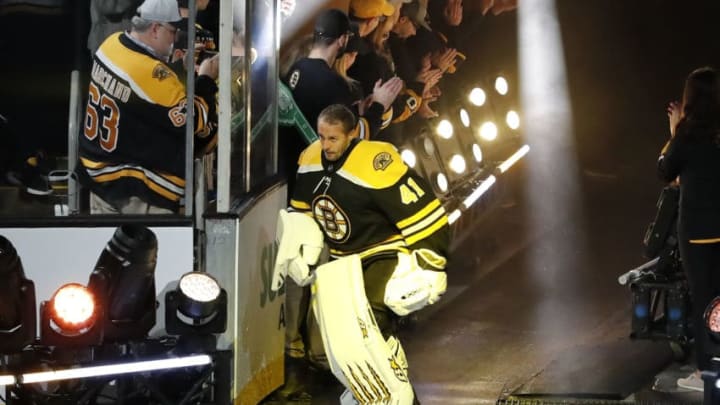 BOSTON, MA - OCTOBER 12: Boston Bruins goalie Jaroslav Halak (41) is introduced for the home opener before a game between the Boston Bruins and the New Jersey Devils on October 12, 2019, at TD Garden in Boston, Massachusetts. (Photo by Fred Kfoury III/Icon Sportswire via Getty Images)
