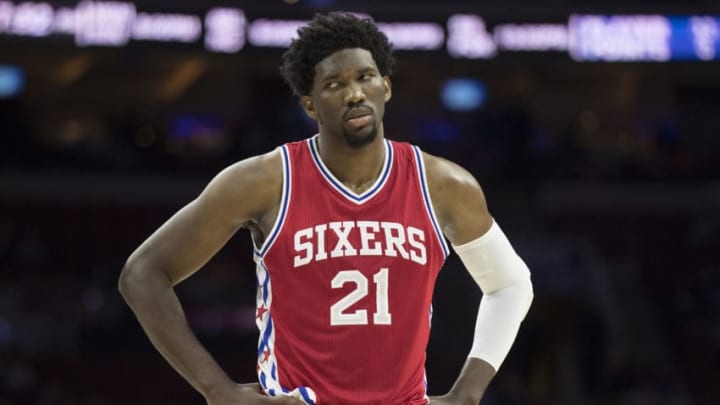 PHILADELPHIA, PA - NOVEMBER 1: Joel Embiid #21 of the Philadelphia 76ers looks on against the Orlando Magic at Wells Fargo Center on November 1, 2016 in Philadelphia, Pennsylvania. The Magic defeated the 76ers 103-101. NOTE TO USER: User expressly acknowledges and agrees that, by downloading and or using this photograph, User is consenting to the terms and conditions of the Getty Images License Agreement. (Photo by Mitchell Leff/Getty Images)