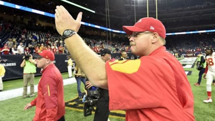 Jan 9, 2016; Houston, TX, USA; Kansas City Chiefs head coach Andy Reid celebrates as he leaves the field following the Chiefs 30-0 victory against the Houston Texans in the AFC Wild Card playoff football game at NRG Stadium . Mandatory Credit: John David Mercer-USA TODAY Sports Jan 9, 2016; Houston, TX, USA; Kansas City Chiefs head coach Andy Reid celebrates as he leaves the field following the Chiefs 30-0 victory against the Houston Texans in the AFC Wild Card playoff football game at NRG Stadium . Mandatory Credit: John David Mercer-USA TODAY Sports