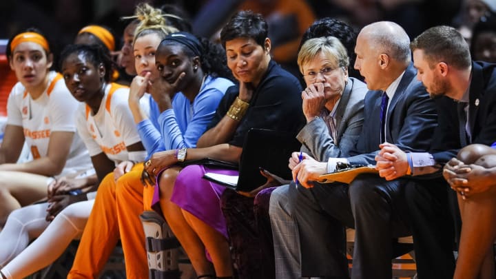 KNOXVILLE, TN – JANUARY 24: Tennessee Lady Volunteers head coach Holly Warlick sits on the bench near the end of game between the Tennessee Lady Volunteers and Notre Dame Fighting Irish on January 24, 2019, at Thompson-Boling Arena in Knoxville, TN. Notre Dame defeated the Lady Vols 77-62. (Photo by Bryan Lynn/Icon Sportswire via Getty Images)