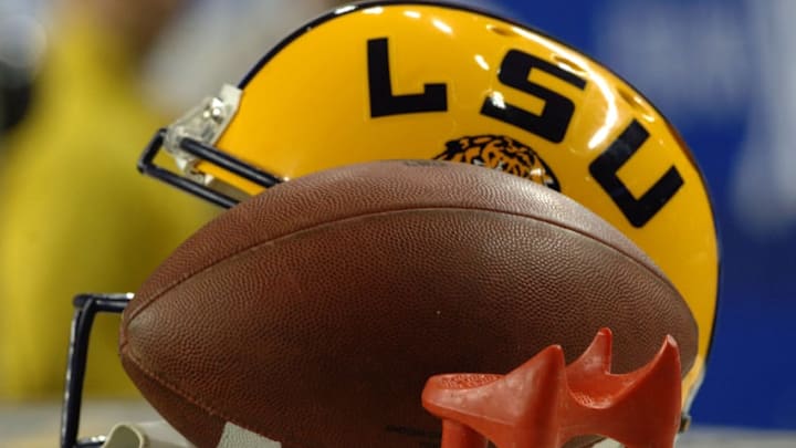 LSU kicker Chris Jackson's tee, helmet and a football are ready for play against the University of Miami during the 2005 Chick-fil-A Peach Bowl at the Georgia Dome in Atlanta, Georgia on December 30, 2005. LSU defeated Miami 40-3. (Photo by A. Messerschmidt/Getty Images)