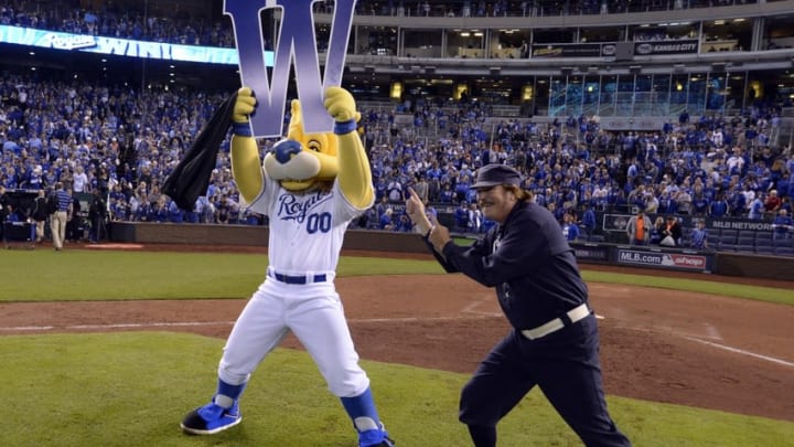 Oct 14, 2015; Kansas City, MO, USA; Kansas City Royals mascot holds up a W sign after defeating the Houston Astros in game five of the ALDS at Kauffman Stadium. Mandatory Credit: John Rieger-USA TODAY Sports