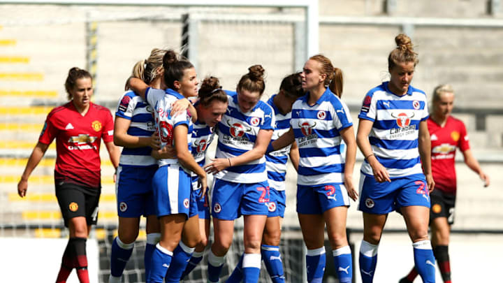LEIGH, GREATER MANCHESTER - AUGUST 25: Brooke Chaplen of Reading celebrates scoring her side's first goal with team mates during the FA WSL Continental Tyres Cup match between Manchester United and Reading at Leigh Sports Village on August 25, 2018 in Leigh, Greater Manchester. (Photo by Jan Kruger/Getty Images)