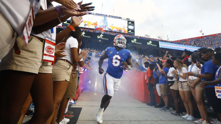 Sep 25, 2021; Gainesville, Florida, USA; Florida Gators running back Nay’Quan Wright (6) runs out the tunnel prior to a game against the Tennessee Volunteers at Ben Hill Griffin Stadium. Mandatory Credit: Kim Klement-USA TODAY Sports