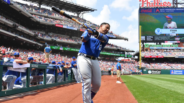 Aug 6, 2023; Philadelphia, Pennsylvania, USA; Kansas City Royals catcher Salvador Perez (13) warms before game against the Philadelphia Phillies at Citizens Bank Park. Mandatory Credit: Eric Hartline-USA TODAY Sports