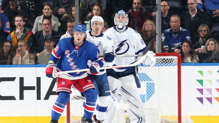 NEW YORK, NY - FEBRUARY 27: Brendan Lemieux #48 of the New York Rangers skates against Ryan McDonagh #27 and Andrei Vasilevskly #88 of the Tampa Bay Lightning at Madison Square Garden on February 27, 2019 in New York City. The Tampa Bay Lightning won 4-3 in overtime. (Photo by Jared Silber/NHLI via Getty Images)