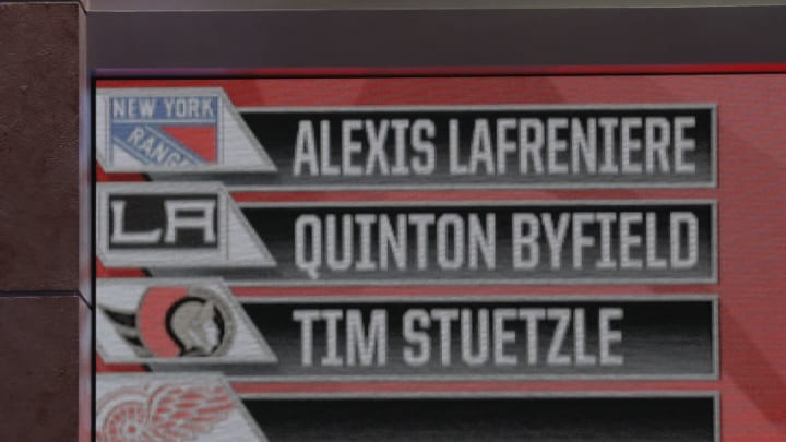SECAUCUS, NEW JERSEY - OCTOBER 06: A closeup view of the draft board after the first three selections of the 2020 National Hockey League (NHL) Draft at the NHL Network Studio on October 06, 2020 in Secaucus, New Jersey. (Photo by Mike Stobe/Getty Images)
