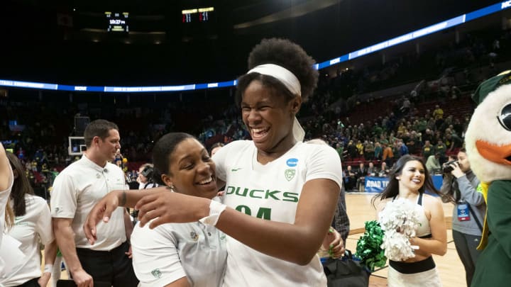 PORTLAND, OR – MARCH 29: Oregon Ducks forward Ruthy Hebard (24) hugs her teammate after the NCAA Division I Women’s Championship third round basketball game between the South Dakota State Jackrabbits and the Oregon Ducks on March 29, 2019 at Moda Center in Portland, Oregon. (Photo by Joseph Weiser/Icon Sportswire via Getty Images)
