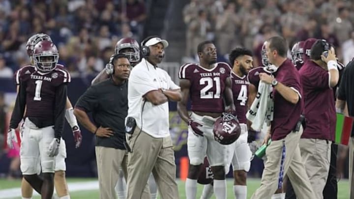 Sep 5, 2015; Houston, TX, USA; Texas A&M Aggies head coach Kevin Sumlin looks at the Jumbotron during a timeout against the Arizona State Sun Devils in the second quarter at NRG Stadium. Mandatory Credit: Thomas B. Shea-USA TODAY Sports