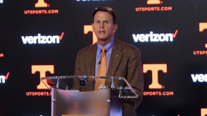 Feb 25, 2016; Knoxville, TN, USA; Tennessee Volunteers Vice Chancellor/Director of athletics Dave Hart speaks at the Brenda Lawson Athletic Center. Mandatory Credit: Randy Sartin-USA TODAY Sports