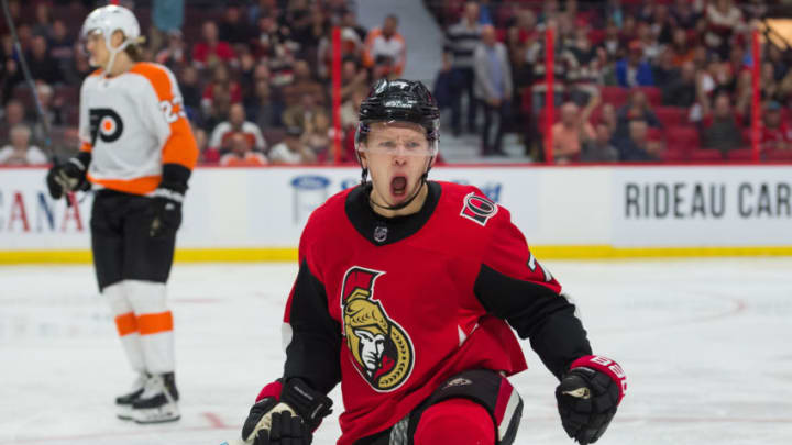 OTTAWA, ON - OCTOBER 10: Ottawa Senators Left Wing Brady Tkachuk (7) celebrates after scoring his second goal of the game during the second period of the NHL game between the Ottawa Senators and the Philadelphia Flyers on Oct. 10, 2018 at the Canadian Tire Centre in Ottawa, Ontario, Canada. (Photo by Steven Kingsman/Icon Sportswire via Getty Images)