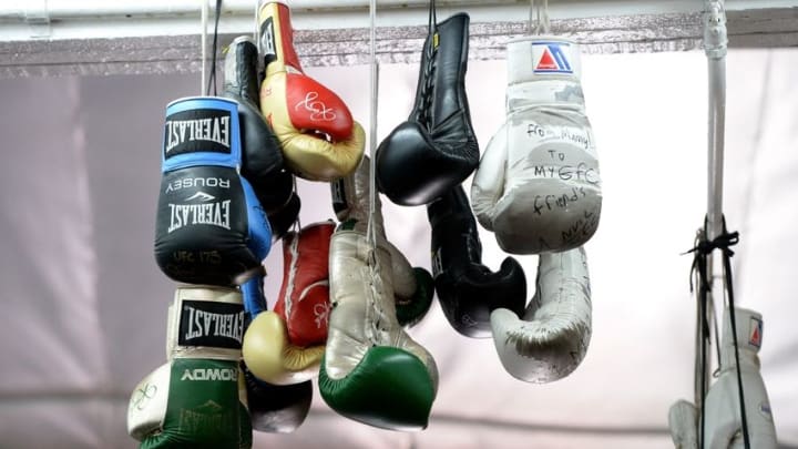 Feb 18, 2015; Glendale, CA, USA; Boxing gloves hang from the rafters at the Glendale Fighting Clue, home gym for UFC champion Ronda Rousey. Mandatory Credit: Jayne Kamin-Oncea-USA TODAY Sports