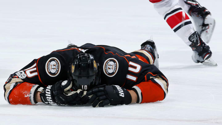 ANAHEIM, CA – DECEMBER 11: Corey Perry #10 of the Anaheim Ducks takes a moment following a hit during the game against the Carolina Hurricanes on December 11, 2017 at Honda Center in Anaheim, California. (Photo by Debora Robinson/NHLI via Getty Images)