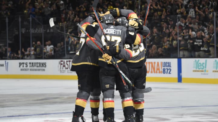 LAS VEGAS, NEVADA - OCTOBER 02: Vegas Golden Knights players celebrate after a goal by Mark Stone #61 during the first period against the San Jose Sharks at T-Mobile Arena on October 02, 2019 in Las Vegas, Nevada. (Photo by David Becker/NHLI via Getty Images)