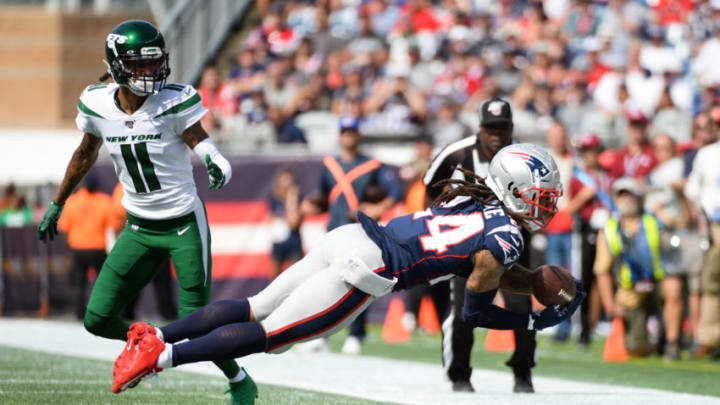FOXBOROUGH, MA - SEPTEMBER 22: Stephon Gilmore #24 of the New England Patriots breaks up a pass against Robby Anderson #11 of the New York Jets during the second quarter at Gillette Stadium on September 22, 2019 in Foxborough, Massachusetts. (Photo by Kathryn Riley/Getty Images)