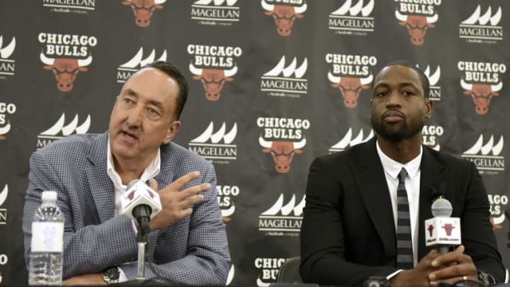 Jul 29, 2016; Chicago, IL, USA; Chicago Bulls guard Dwayne Wade (right) and Bulls general manager Gar Forman address the media during a press conference at Advocate Center. Mandatory Credit: David Banks-USA TODAY Sports