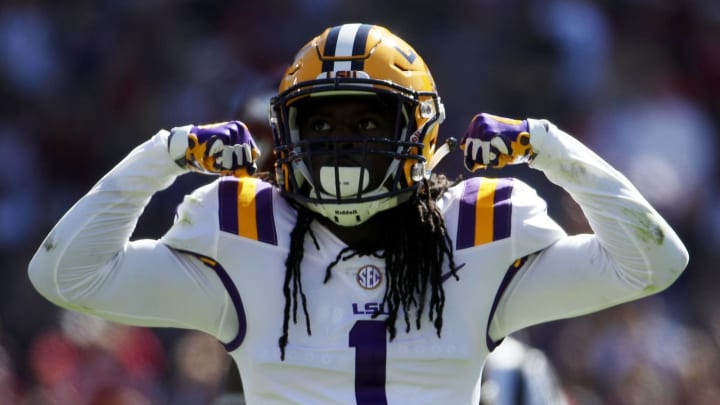 BATON ROUGE, LA – NOVEMBER 11: Donte Jackson #1 of the LSU Tigers reacts after a sack against the Arkansas Razorbacks at Tiger Stadium on November 11, 2017 in Baton Rouge, Louisiana. (Photo by Chris Graythen/Getty Images)