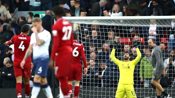 LIVERPOOL, ENGLAND - MARCH 31: Alison Becker of Liverool celebrates victory during the Premier League match between Liverpool FC and Tottenham Hotspur at Anfield on March 31, 2019 in Liverpool, United Kingdom. (Photo by Clive Brunskill/Getty Images)