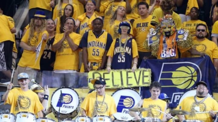 May 28, 2014; Indianapolis, IN, USA; Indiana Pacers fans react during the third quarter in game five against the Miami Heat of the Eastern Conference Finals of the 2014 NBA Playoffs at Bankers Life Fieldhouse. Mandatory Credit: Brian Spurlock-USA TODAY Sports