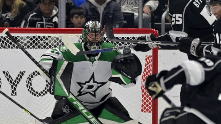 Jan 19, 2023; Los Angeles, California, USA; Dallas Stars goaltender Scott Wedgewood (41) makes a save off a shot by Los Angeles Kings defenseman Sean Durzi (50) in the third period at Crypto.com Arena. Mandatory Credit: Jayne Kamin-Oncea-USA TODAY Sports