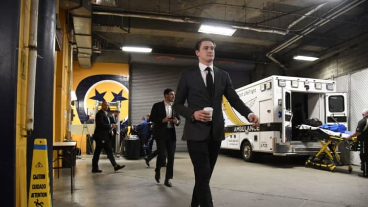 NASHVILLE, TN - APRIL 12: Colorado Avalanche defenseman Nikita Zadorov #16 enters Bridgestone Arena for the first game of round one of the Stanley Cup Playoffs April 12, 2018. (Photo by Andy Cross/The Denver Post via Getty Images)