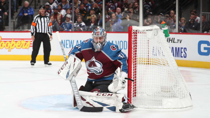 DENVER, COLORADO – OCTOBER 10: Goaltender Philipp Grubauer #31 of the Colorado Avalanche eyes the puck against the Boston Bruins at Pepsi Center on October 10, 2019 in Denver, Colorado. (Photo by Michael Martin/NHLI via Getty Images)