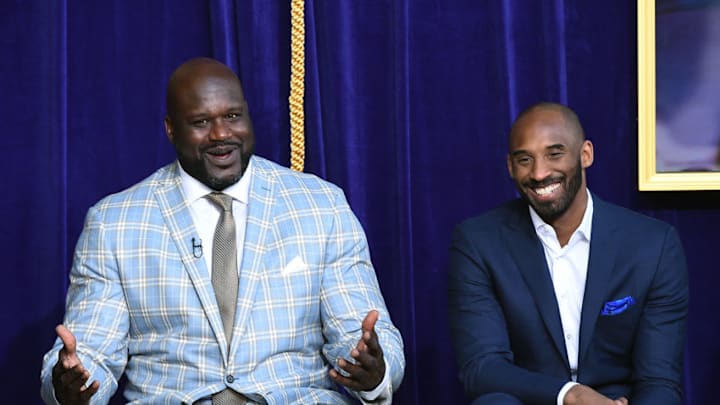 LOS ANGELES, CA - MARCH 24: Former Los Angeles Lakers player Shaquille O'Neal reacts to his former players seated in the audience with Kobe Bryant looking on during unveiling of his statue at Staples Center March 24, 2017, in Los Angeles, California. NOTE TO USER: User expressly acknowledges and agrees that, by downloading and or using this photograph, User is consenting to the terms and conditions of the Getty Images License Agreement. (Photo by Kevork Djansezian/Getty Images)