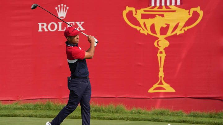 Sep 26, 2021; Haven, Wisconsin, USA; Team USA player Xander Schauffele plays his shot from the first tee during day three singles rounds for the 43rd Ryder Cup golf competition at Whistling Straits. Mandatory Credit: Kyle Terada-USA TODAY Sports