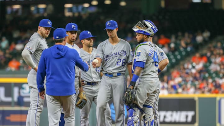 HOUSTON, TX - MAY 08: Kansas City Royals relief pitcher Jorge Lopez (28) hands the ball to Kansas City Royals manager Ned Yost (3) during the baseball game between the Kansas City Royals and Houston Astros on May 8, 2019 at Minute Maid Park in Houston, Texas. (Photo by Leslie Plaza Johnson/Icon Sportswire via Getty Images)
