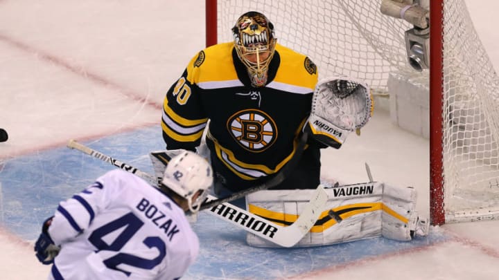 BOSTON, MA - APRIL 21: Toronto Maple Leafs Tyler Bozak fires a close second period shot to score a goal on Boston Bruins goalie Tuukka Rask. The Boston Bruins host the Toronto Maple Leafs in Game 5 of the Eastern Conference First Round during the 2018 NHL Stanley Cup Playoffs at the TD Garden in Boston on April 21, 2018. (Photo by John Tlumacki/The Boston Globe via Getty Images)