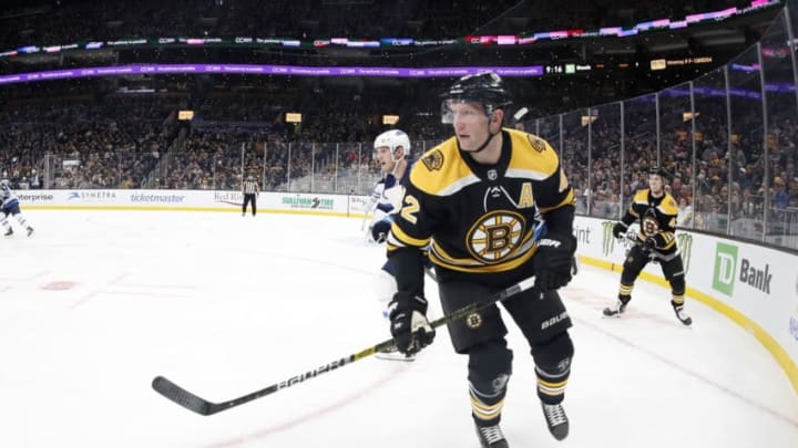 BOSTON, MA - JANUARY 09: Boston Bruins center David Backes (42) looks back to the point during a game between the Boston Bruins and the Winnipeg Jets on January 9, 2020, at TD Garden in Boston, Massachusetts. (Photo by Fred Kfoury III/Icon Sportswire via Getty Images)