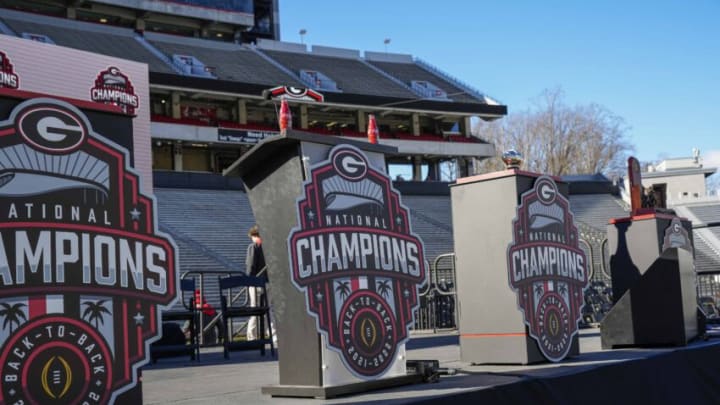 A general view of the stage and trophies on the field before the national championship celebration at Sanford Stadium. Mandatory Credit: Dale Zanine-USA TODAY Sports